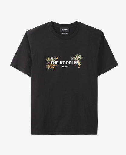 T-shirt coton noir motifs hawaïens col rond